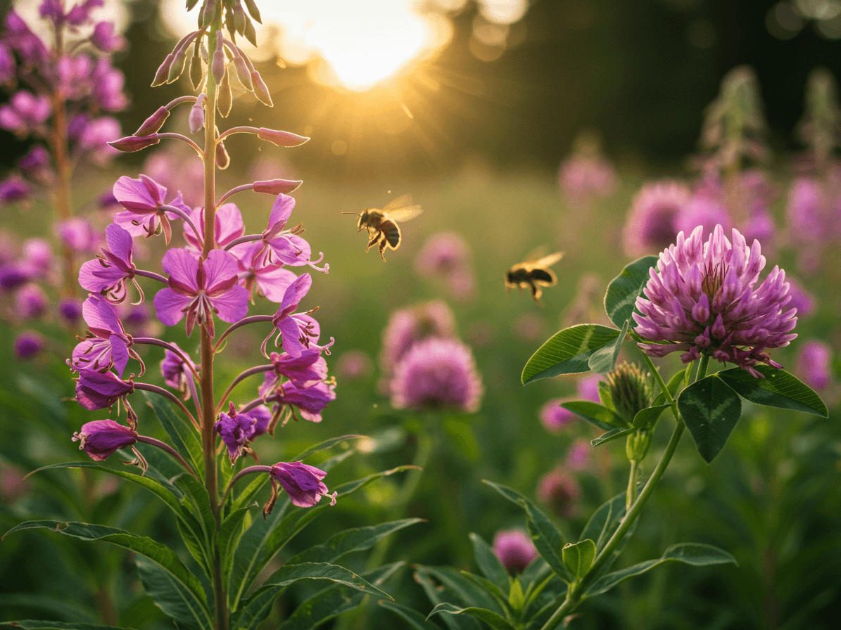 Vibrant fireweed flowers at sunset, a source of nectar for bees